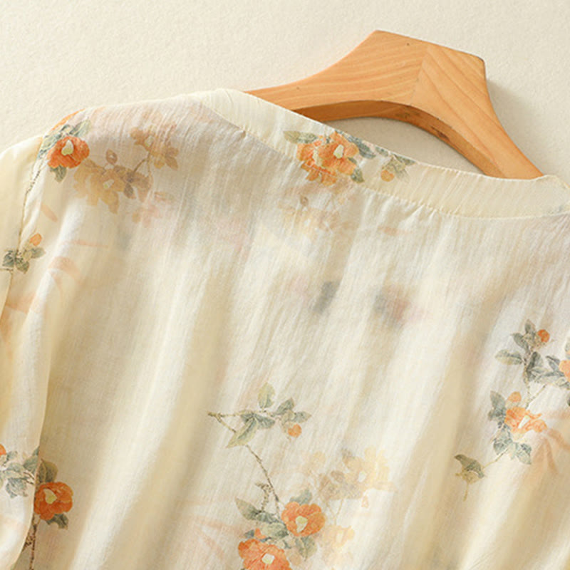 Lightweight Botanical Print Frog Button Meditation Shirt