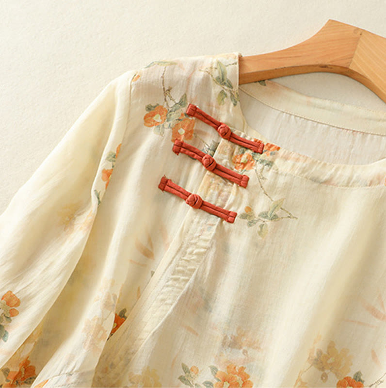 Lightweight Botanical Print Frog Button Meditation Shirt