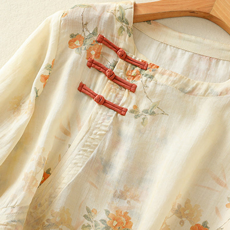 Lightweight Botanical Print Frog Button Meditation Shirt