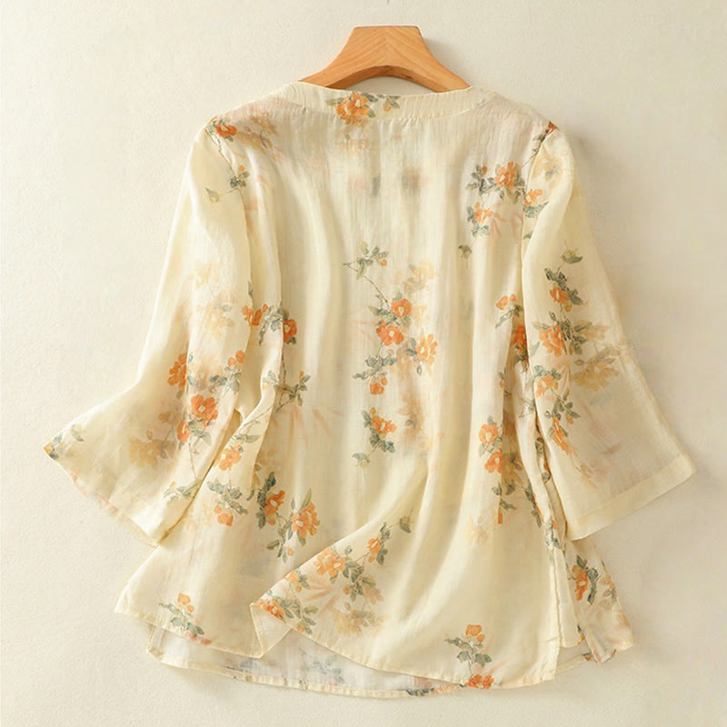 Lightweight Botanical Print Frog Button Meditation Shirt