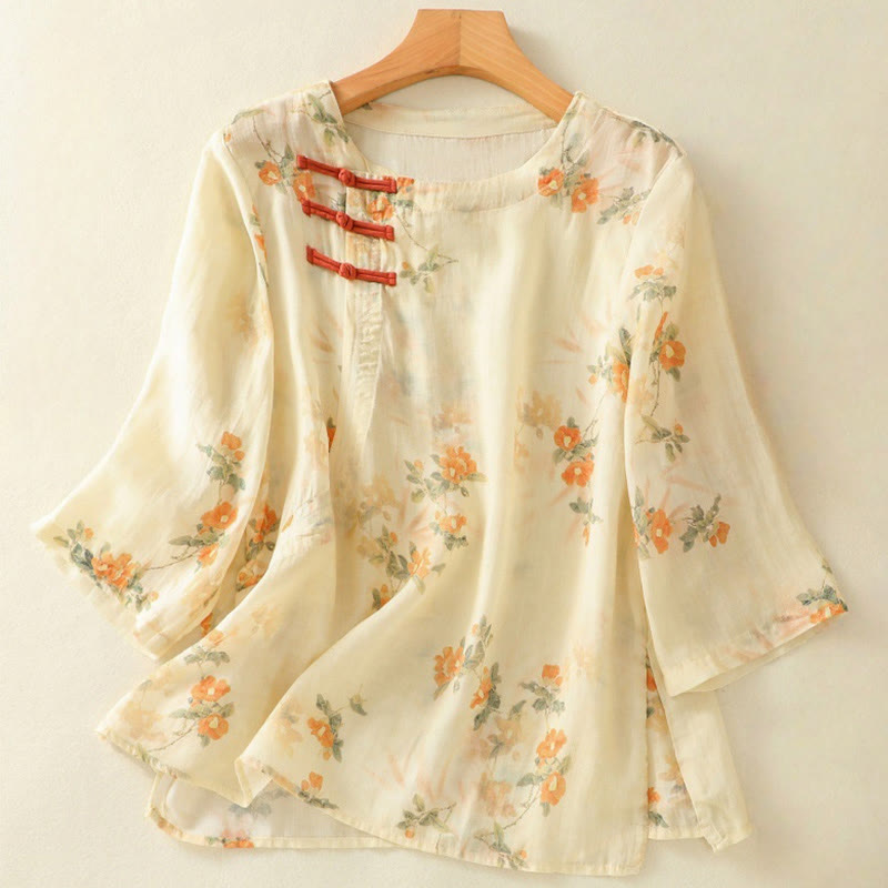 Lightweight Botanical Print Frog Button Meditation Shirt