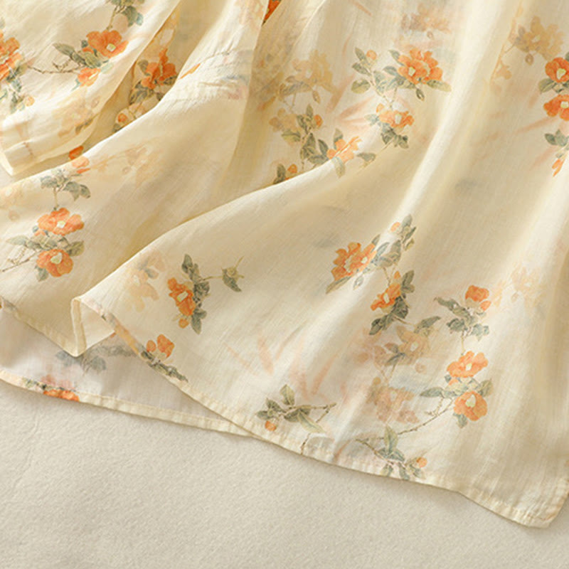 Lightweight Botanical Print Frog Button Meditation Shirt