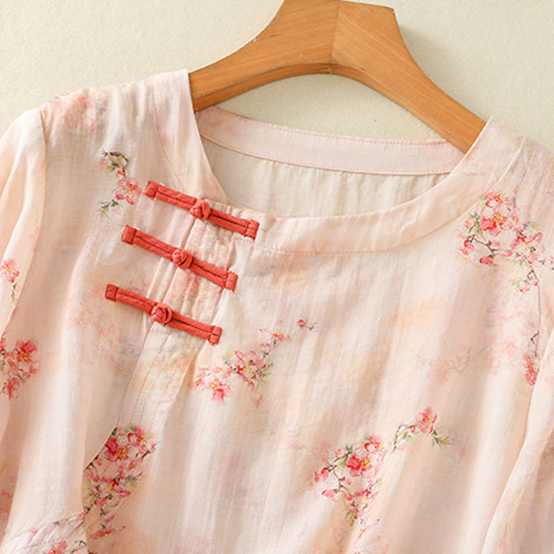 Lightweight Botanical Print Frog Button Meditation Shirt