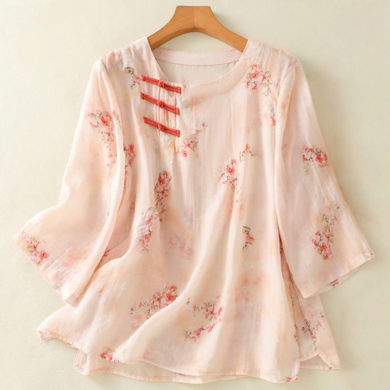 Lightweight Botanical Print Frog Button Meditation Shirt
