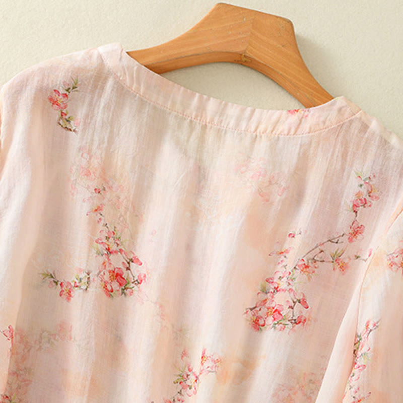 Lightweight Botanical Print Frog Button Meditation Shirt