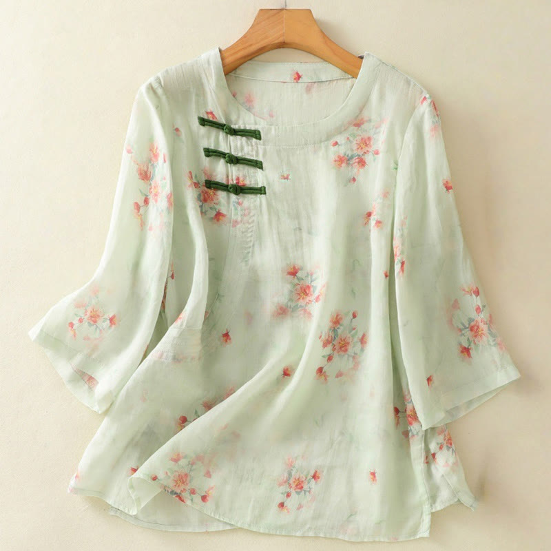 Lightweight Botanical Print Frog Button Meditation Shirt