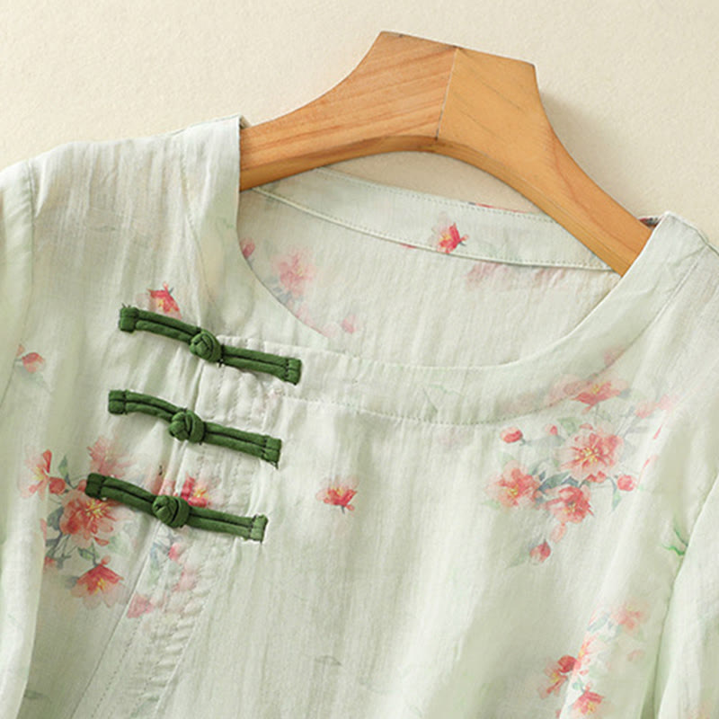 Lightweight Botanical Print Frog Button Meditation Shirt