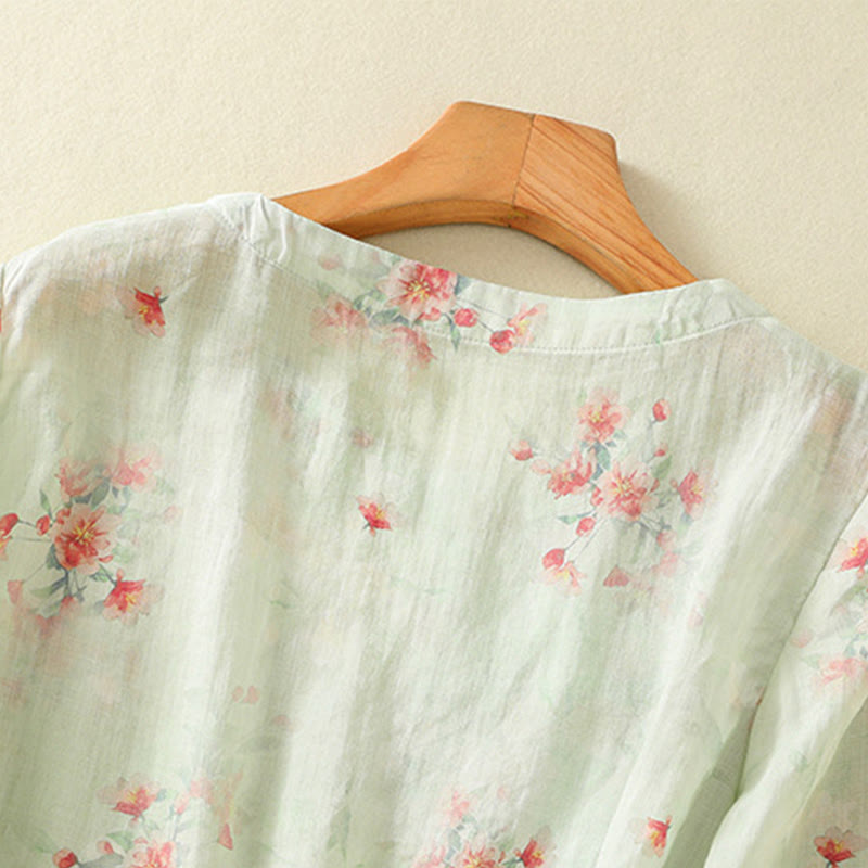 Lightweight Botanical Print Frog Button Meditation Shirt
