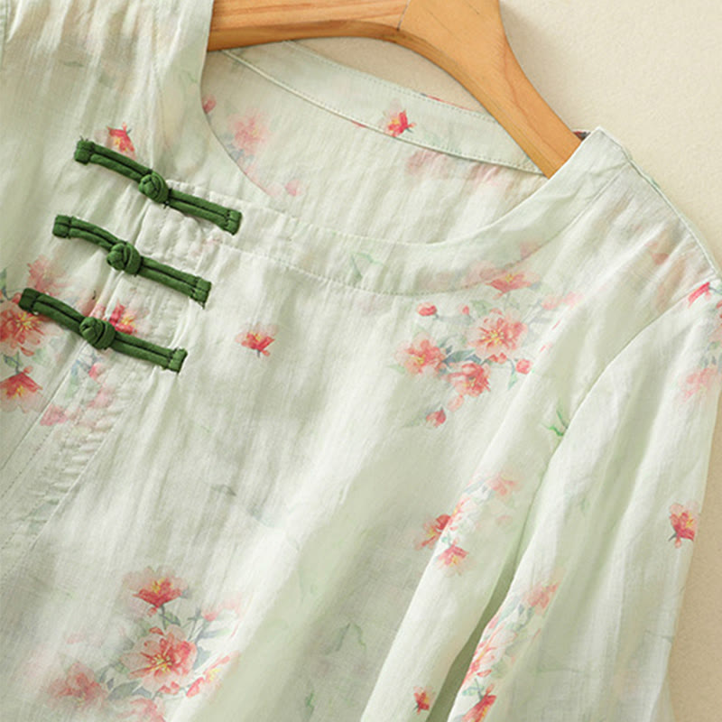 Lightweight Botanical Print Frog Button Meditation Shirt
