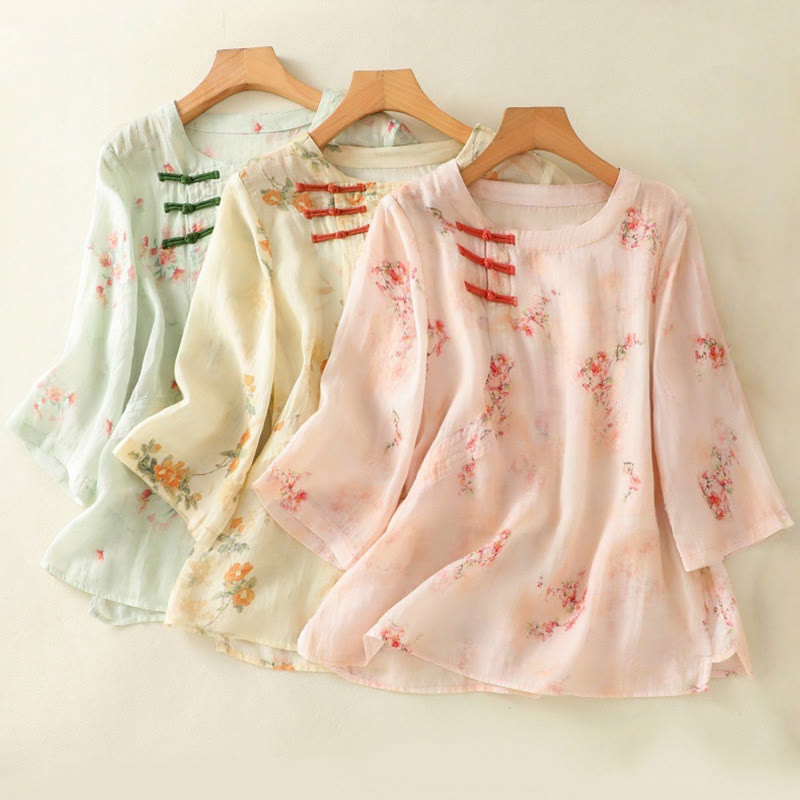 Lightweight Botanical Print Frog Button Meditation Shirt