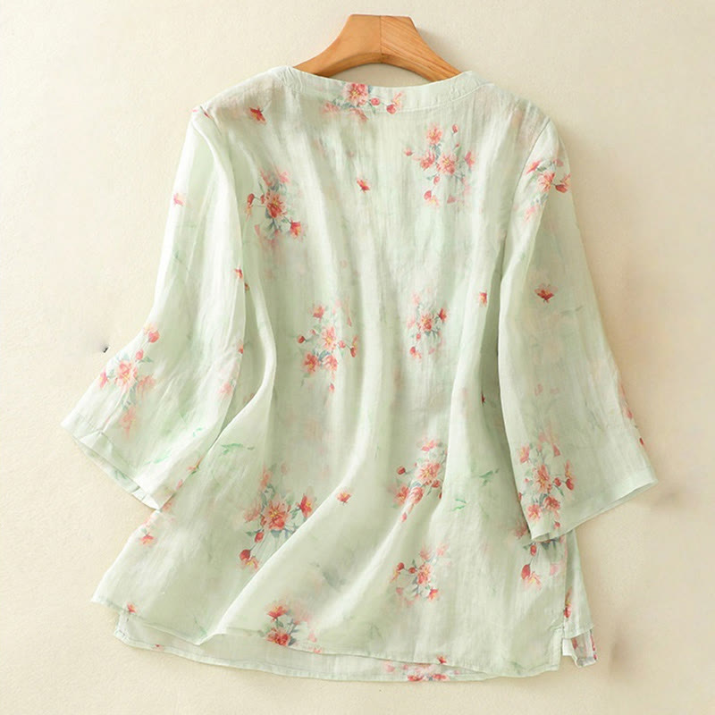 Lightweight Botanical Print Frog Button Meditation Shirt