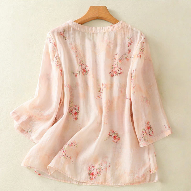 Lightweight Botanical Print Frog Button Meditation Shirt