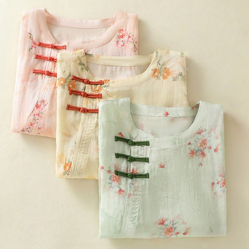 Lightweight Botanical Print Frog Button Meditation Shirt