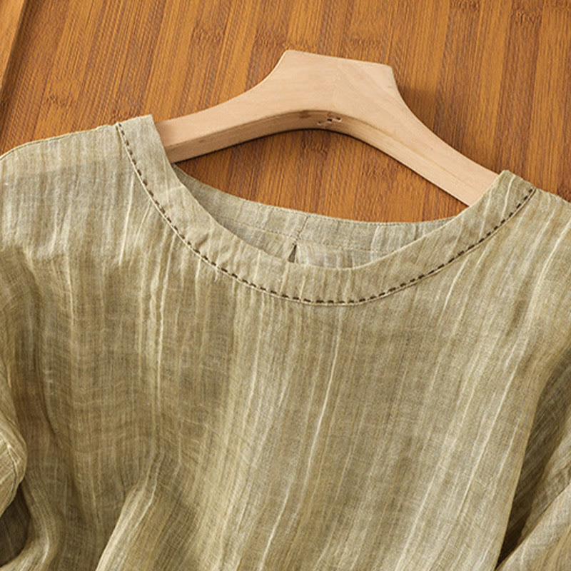 Casual Summer Plain Crew Neck Women's Cotton Linen Three Quarter Sleeve T-Shirt