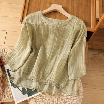Casual Summer Plain Crew Neck Women's Cotton Linen Three Quarter Sleeve T-Shirt