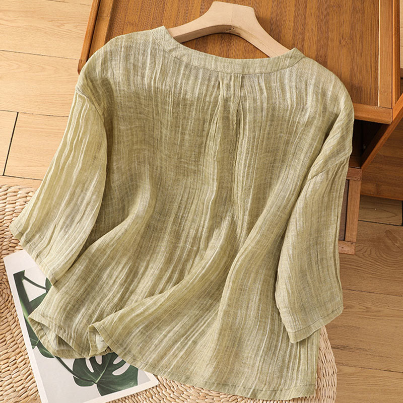 Casual Summer Plain Crew Neck Women's Cotton Linen Three Quarter Sleeve T-Shirt
