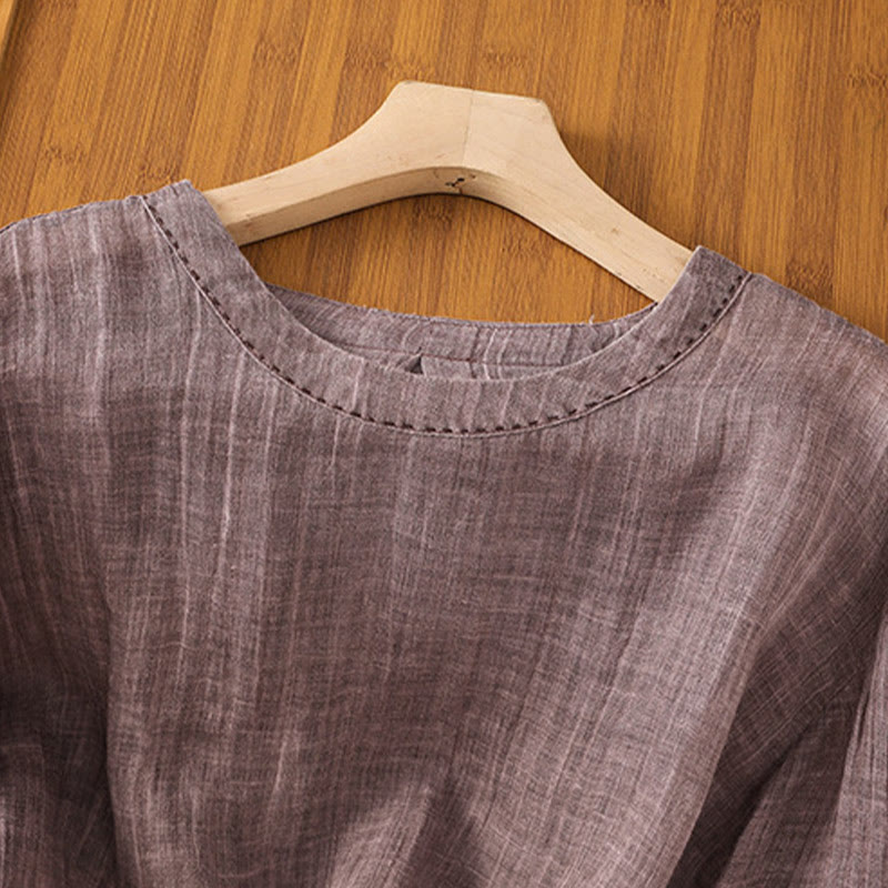 Casual Summer Plain Crew Neck Women's Cotton Linen Three Quarter Sleeve T-Shirt
