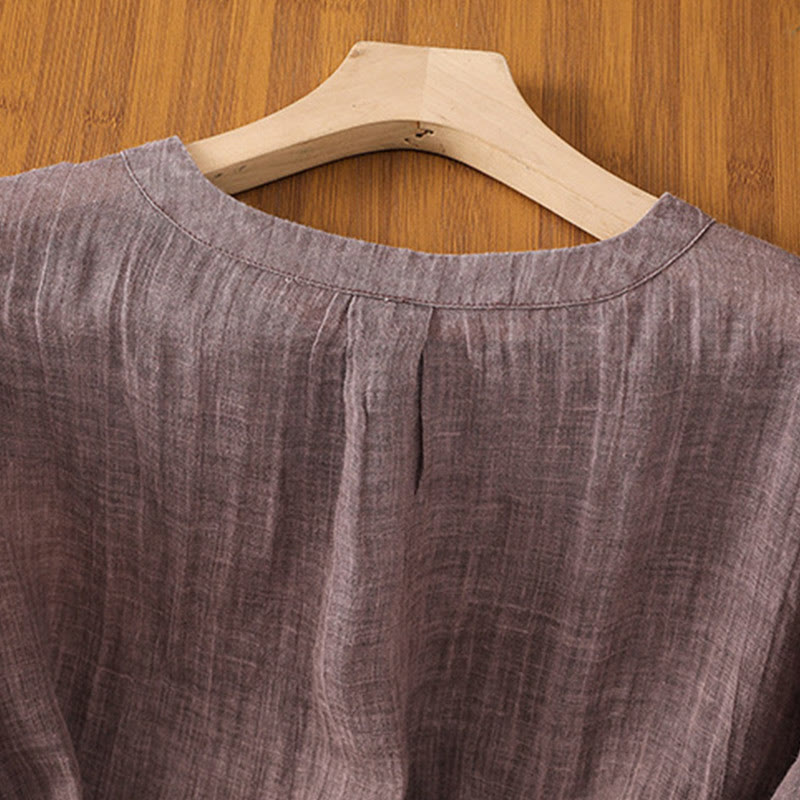 Casual Summer Plain Crew Neck Women's Cotton Linen Three Quarter Sleeve T-Shirt