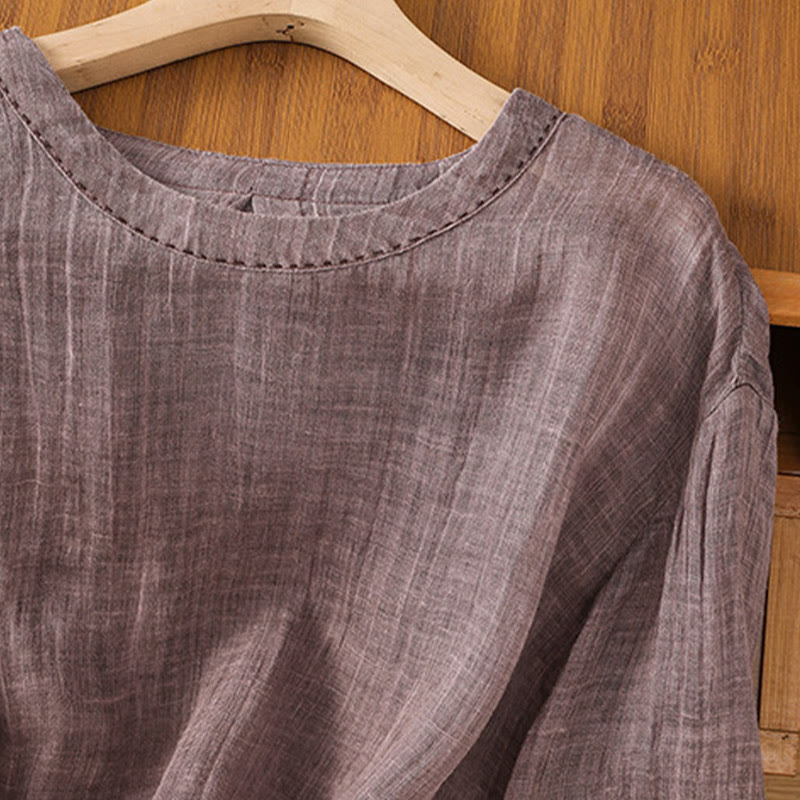 Casual Summer Plain Crew Neck Women's Cotton Linen Three Quarter Sleeve T-Shirt