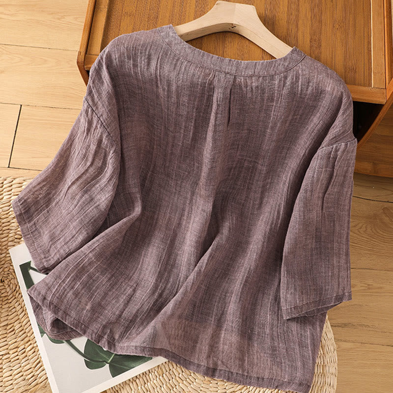 Casual Summer Plain Crew Neck Women's Cotton Linen Three Quarter Sleeve T-Shirt