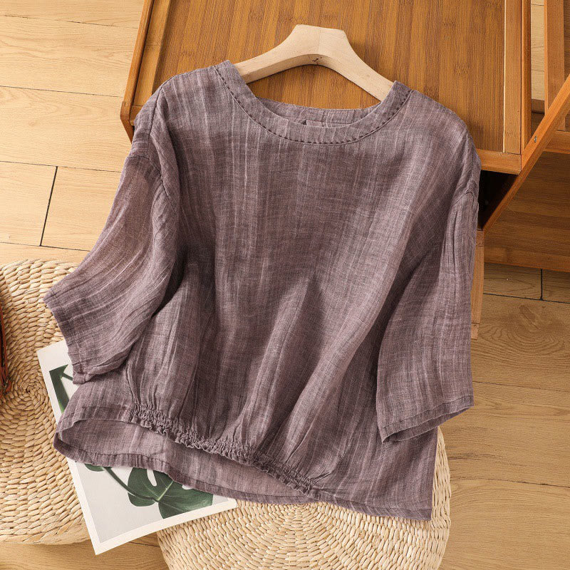 Casual Summer Plain Crew Neck Women's Cotton Linen Three Quarter Sleeve T-Shirt
