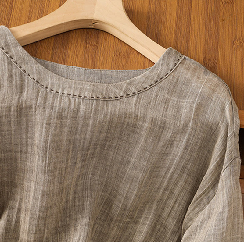 Casual Summer Plain Crew Neck Women's Cotton Linen Three Quarter Sleeve T-Shirt