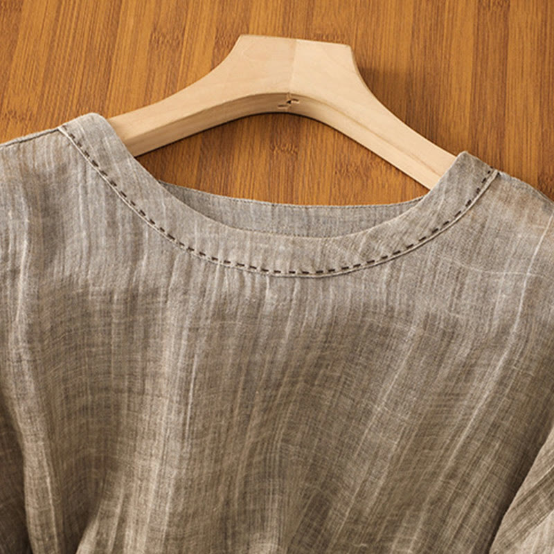 Casual Summer Plain Crew Neck Women's Cotton Linen Three Quarter Sleeve T-Shirt