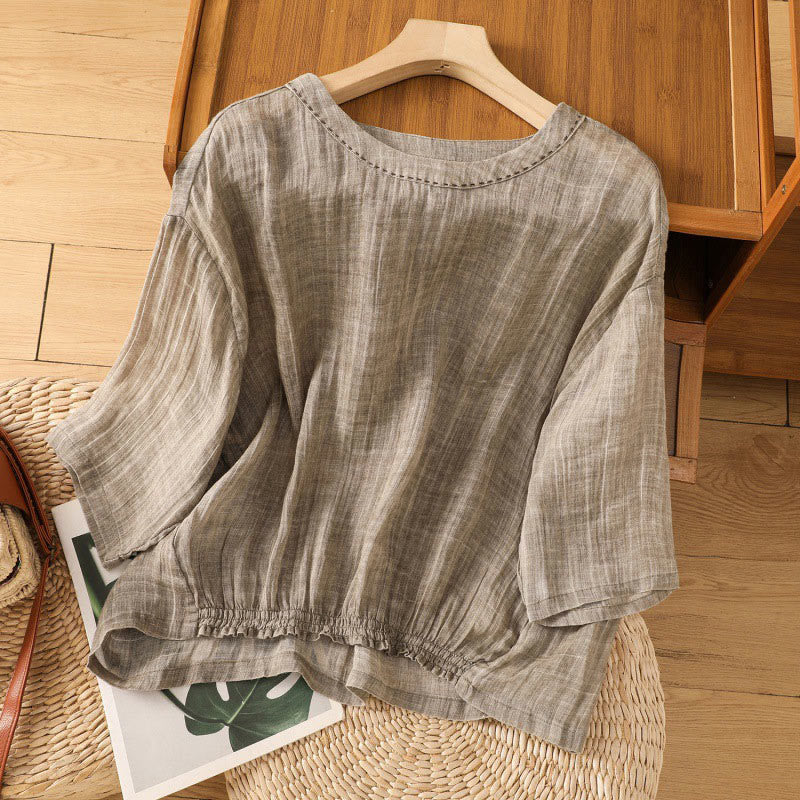 Casual Summer Plain Crew Neck Women's Cotton Linen Three Quarter Sleeve T-Shirt