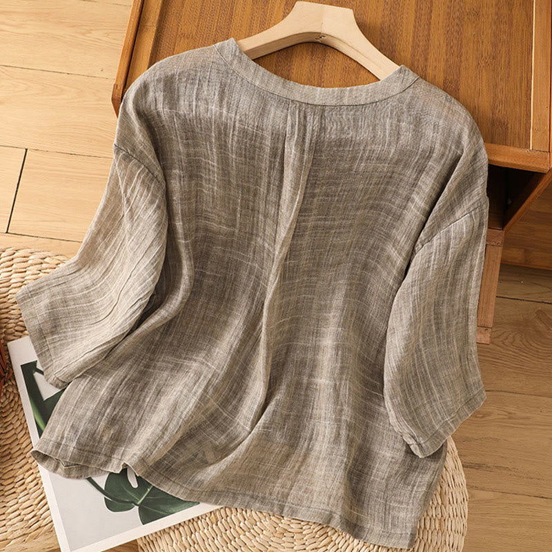 Casual Summer Plain Crew Neck Women's Cotton Linen Three Quarter Sleeve T-Shirt