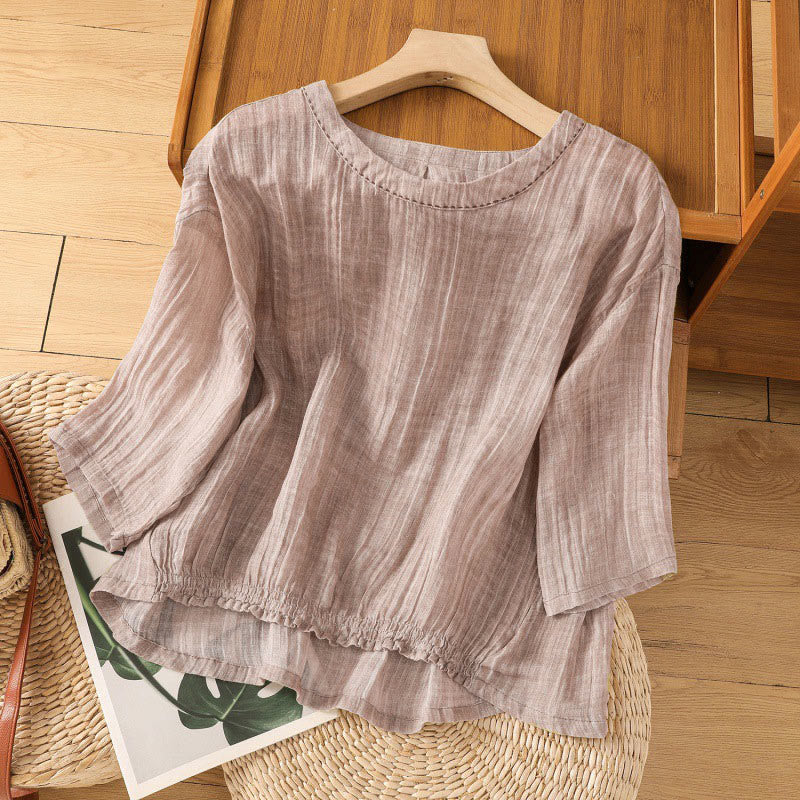 Casual Summer Plain Crew Neck Women's Cotton Linen Three Quarter Sleeve T-Shirt