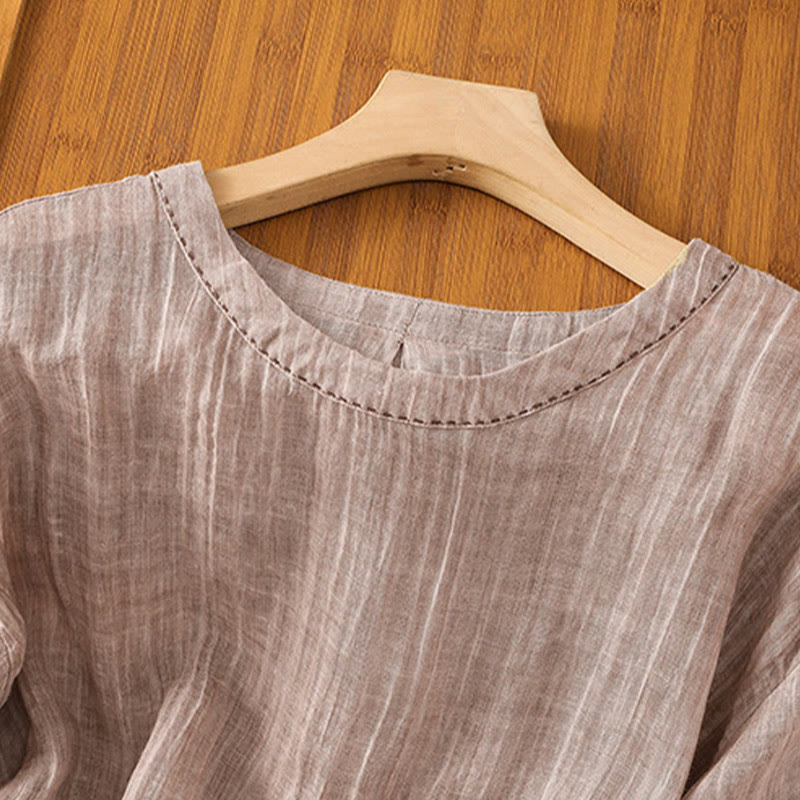Casual Summer Plain Crew Neck Women's Cotton Linen Three Quarter Sleeve T-Shirt