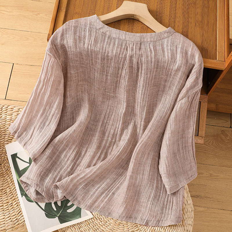 Casual Summer Plain Crew Neck Women's Cotton Linen Three Quarter Sleeve T-Shirt