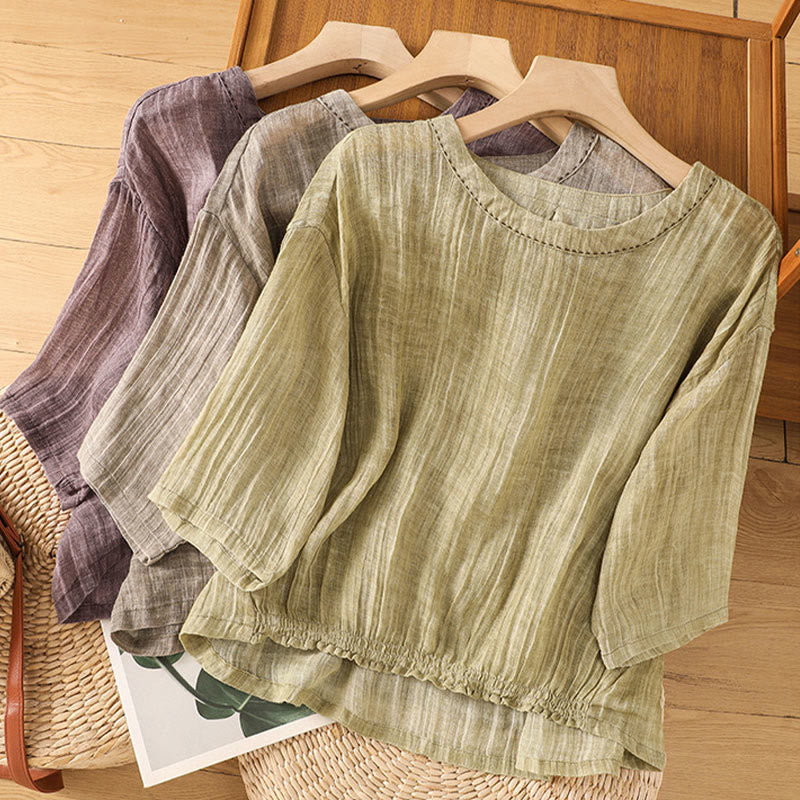 Casual Summer Plain Crew Neck Women's Cotton Linen Three Quarter Sleeve T-Shirt