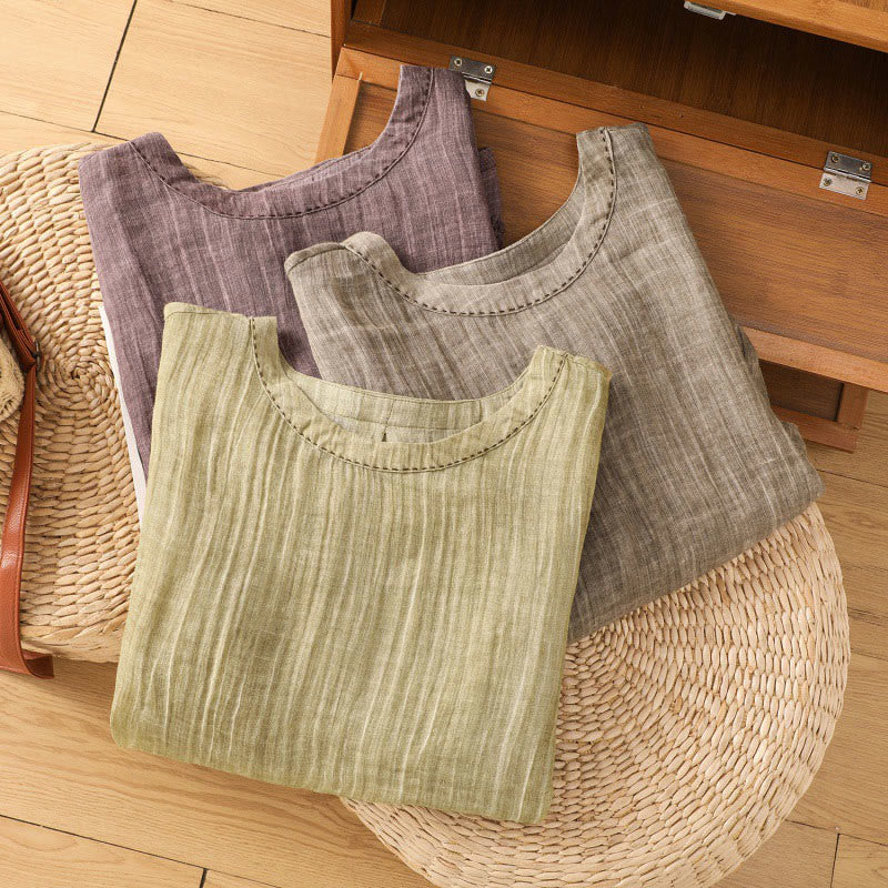 Casual Summer Plain Crew Neck Women's Cotton Linen Three Quarter Sleeve T-Shirt