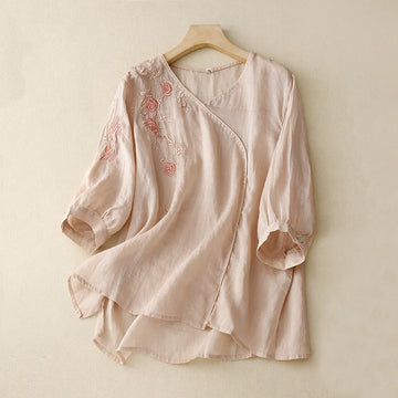 Cotton Linen Embroidered Three-Quarter Sleeve Meditation Shirt