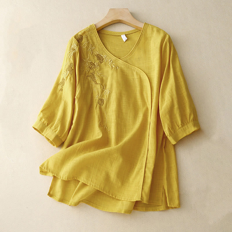 Cotton Linen Embroidered Three-Quarter Sleeve Meditation Shirt