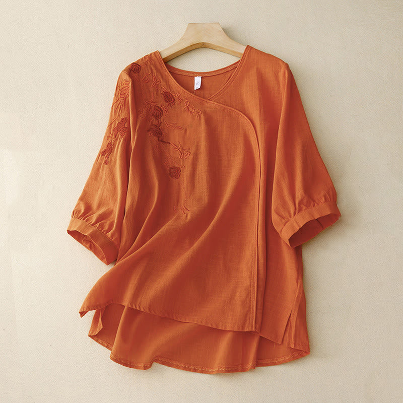 Cotton Linen Embroidered Three-Quarter Sleeve Meditation Shirt