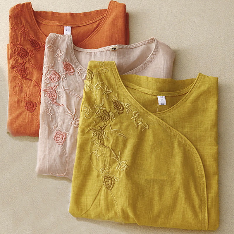 Cotton Linen Embroidered Three-Quarter Sleeve Meditation Shirt
