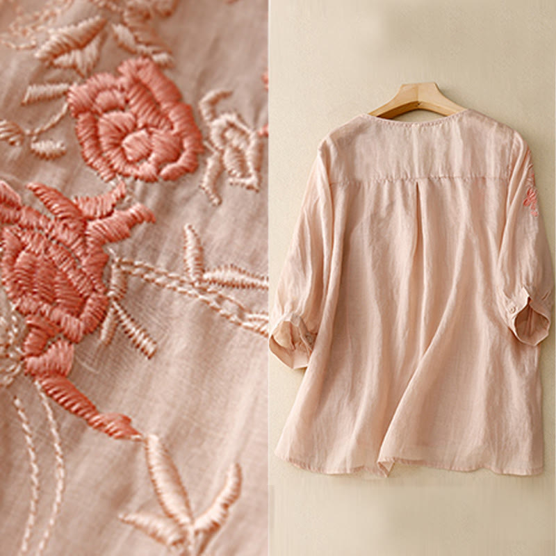 Cotton Linen Embroidered Three-Quarter Sleeve Meditation Shirt