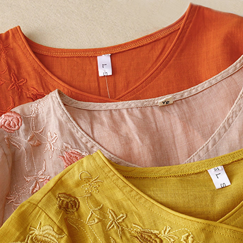 Cotton Linen Embroidered Three-Quarter Sleeve Meditation Shirt
