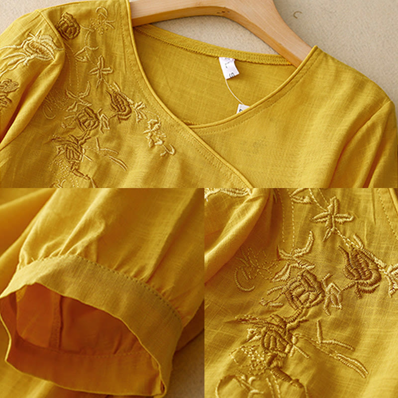Cotton Linen Embroidered Three-Quarter Sleeve Meditation Shirt