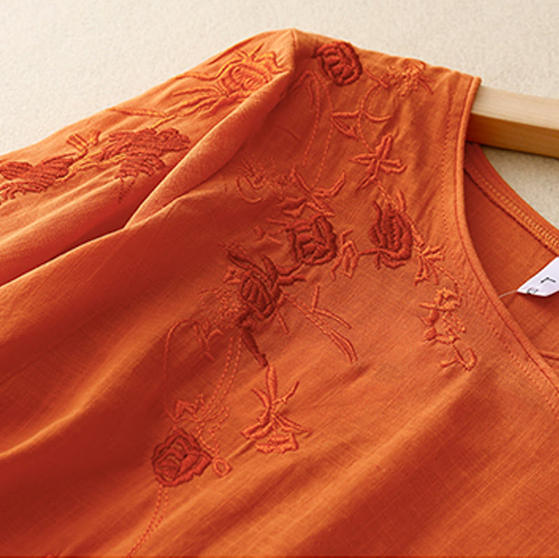 Cotton Linen Embroidered Three-Quarter Sleeve Meditation Shirt