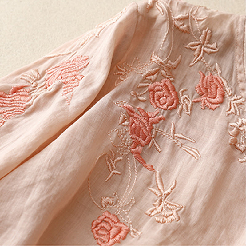 Cotton Linen Embroidered Three-Quarter Sleeve Meditation Shirt