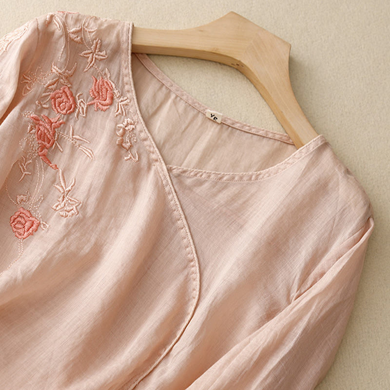 Cotton Linen Embroidered Three-Quarter Sleeve Meditation Shirt