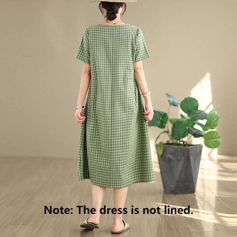 Retro Solid Color Plaid Pattern Crew Neck Short Sleeve Cotton Linen Midi Dress With Pockets