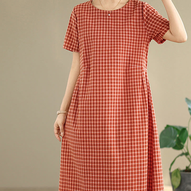 Retro Solid Color Plaid Pattern Crew Neck Short Sleeve Cotton Linen Midi Dress With Pockets