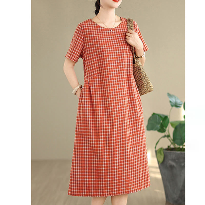 Retro Solid Color Plaid Pattern Crew Neck Short Sleeve Cotton Linen Midi Dress With Pockets