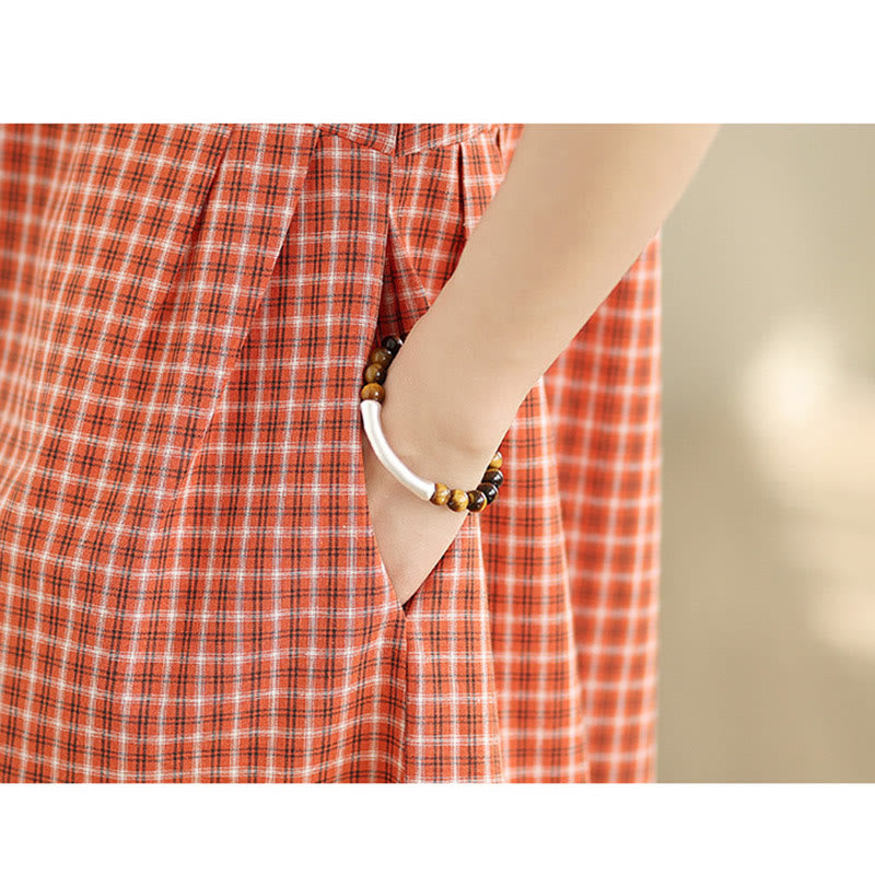 Retro Solid Color Plaid Pattern Crew Neck Short Sleeve Cotton Linen Midi Dress With Pockets