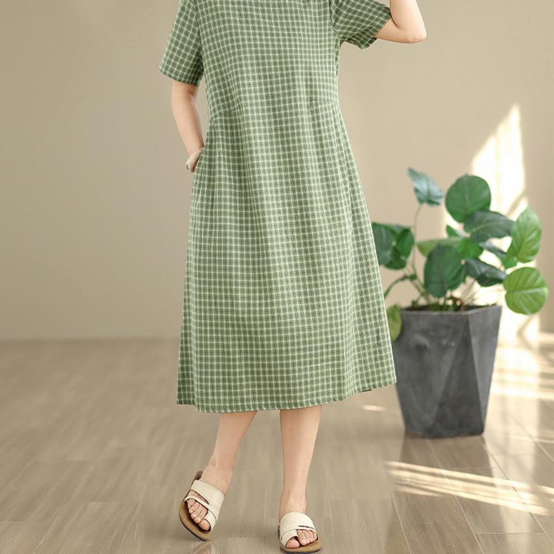 Retro Solid Color Plaid Pattern Crew Neck Short Sleeve Cotton Linen Midi Dress With Pockets
