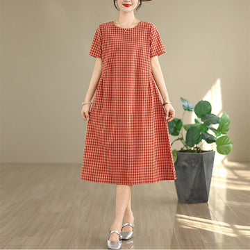 Retro Solid Color Plaid Pattern Crew Neck Short Sleeve Cotton Linen Midi Dress With Pockets